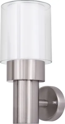 A modern outdoor wall light with a brushed metal base and a clear glass shade with a white diffuser inside.