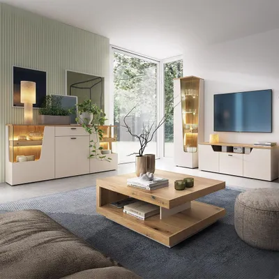Produktbild von Wohnzimmer-Set in Kaschmir & Eiche mit Couchtisch, Sideboard, Vitrine & Lowboard, 4-teilig - CARMONA-129