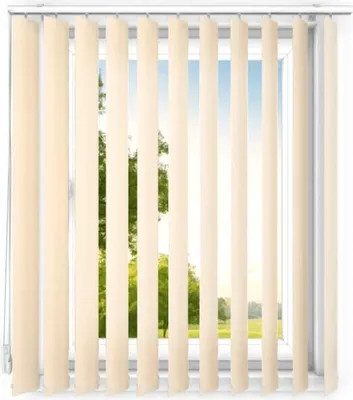 Vertical blinds in a cream color are shown covering a window with a view of trees and sky.