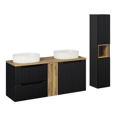 Produktbild von Badmöbel Set 2-teilig, 140cm Waschtisch, in schwarz mit Eiche, gerillte Front, NEWPORT-56-BLACK