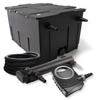 Zdjęcie produktu dla Kompletny zestaw SunSun: filtr do oczka wodnego CBF-550 do 60000 l jako filtr przepływowy, pompa do oczka wodnego CTF-8000 SuperECO 8000 l/h 70 W, odstojnik do oczka wodnego CUV-336 z odstojnikiem UVC 36 W, wąż do oczka wodnego 25 m 25 mm