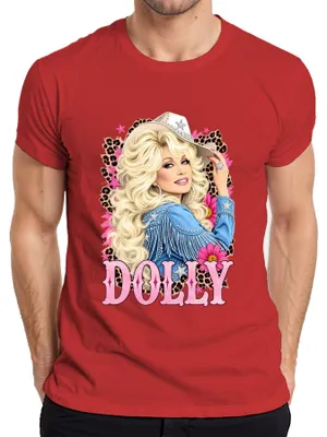 Productafbeelding van Dolly Parton, landelijke muzieklegende, cowgirl, western, retro, zangeres, heren T-shirt, rood, maat M