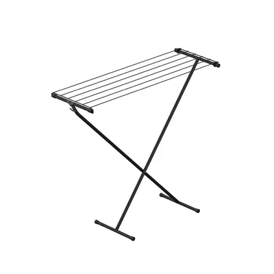 A black folding drying rack is shown against a white background.
