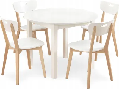 Produktbild von Esstisch mit 4 Stühlen - Runder Ausziehbarer Tisch - 102-142 cm Durchmesser - Aus Holz - 5-teiliges Set - Essgruppe - Sitzgruppe - Weiße Stühle