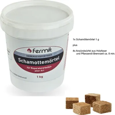 Produktbild von Fermit Schamottemörtel Temperaturbeständigkeit: über +1600°C und 4x Anzündwürfel aus Holzfaser und Pflanzenöl ca. 8 min Brennzeit (Schamottemörtel 1 kg)