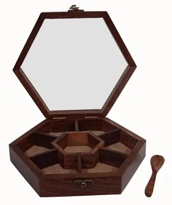 Holz-Gewürzbox, 7 Fächer, 21,3x18,8x5 cm, braun