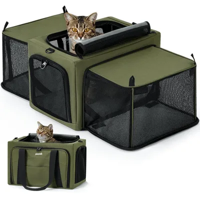 Produktbild von Transportbox Katze & Kleine Hunde, Faltbar mit Seitenerweiterung, Atmungsaktiv, Ausbruchschutz, Militärgrün