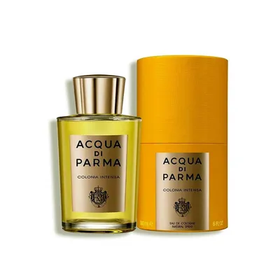A bottle of Acqua di Parma Colonia Intensa Eau de Cologne for men and its cylindrical packaging, presented against a white background.