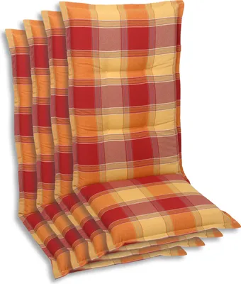 A stack of four chair cushions with a red, orange, and yellow plaid pattern, presented on a white background.