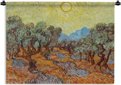 Produktbild von MuchoWow® Wandteppich Wandbehang Olivenbäume mit gelbem Himmel und Sonne - Vincent van Gogh 150x112.50 cm Tapisserie Dekoration Wandtuch - Wanddecke - Wandteppiche