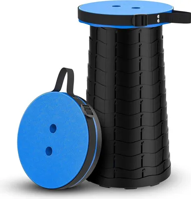 Produktbild von Teleskop-Campinghocker, zusammenklappbarer tragbarer Hocker, verstellbarer Klapphocker zum Einkaufen, Angeln, Wandern, Grillen, Gartenarbeit, maximale Tragkraft 260 kg (blau)