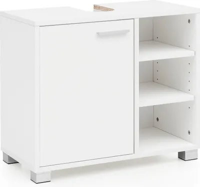 A white bathroom cabinet with a door and open shelves.