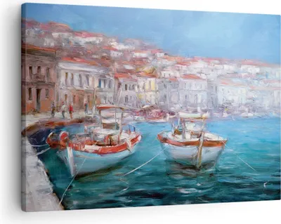 Produktbild von Bild auf Leinwand - Leinwandbild - Einteilig - Öl Boote Griechenland - 70x50cm - Wand Bild - Wanddeko - Wandbilder - Leinwanddruck - Bilder - Wanddekoration - Leinwand bilder - Wandbild - AA70x50-4467