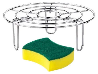 A metal cooling rack and a sponge are shown against a white background.