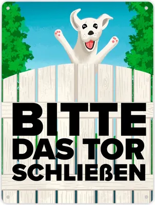 Produktbild von Bitte das Tor schließen Metallschild XL in 21x28 cm mit lustigem weißem Hund