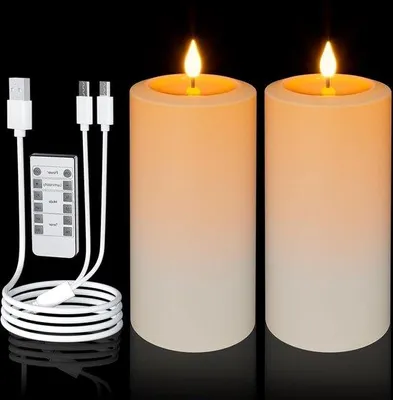 Produktbild von Elektrische Kerzen mit beweglicher Flamme - Oplaadbare Kerzen mit Timerfunktion Fernbedienung - Set von 2 - 203 cm - Weiß - Flickernde Flamme - Halloween Dekoration - Fensterbank - Außen - Wohnzimmer - Gartendekoration