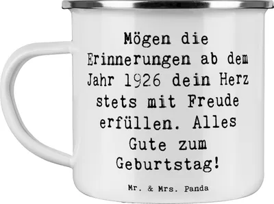 Produktbild von Mr. & Mrs. Panda Emaille Tasse Spruch 1926 Geburtstag - Weiß - Geschenk, Kaffeepott, Geburtstagsgeschenk, Geburtsjahr, alles Gute zum, Becher, Teetasse, besondere Grüße