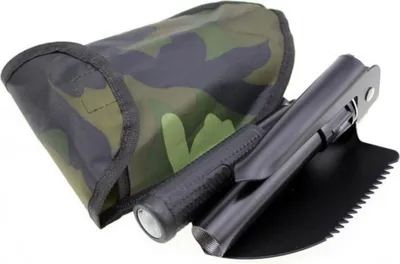 Produktbild von Camping Klappspaten mit Kompass inkl. Camouflage Tasche - Outdoor Klapp-schaufel - Angel Zubehör - Feldspaten - Multitool mit Spitzhacke Säge - Survival Kit - Überlebensausrüstung - Wandern Jagd Tool