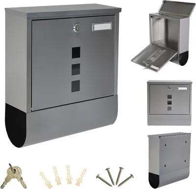 A collage of images showing a mailbox from different angles, along with its accessories.