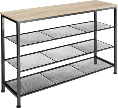 A shoe rack with a wooden top and black metal shelves.