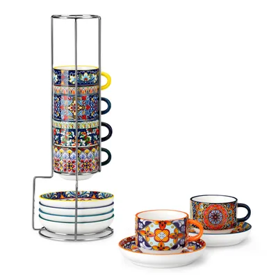 Produktbild von VANCASSO 4-tlg Tassen Set, Porzellan Set, Kaffeetasse mit Unterteller, Metallständer, 150ml, Boho-Stil