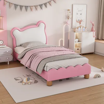 Produktbild von okwish Kinderbett 90x200cm Einzelbett mit bequemem Bärenkopfteil, Lattenrost aus Holz, hochwertiges PolyurethanMaterial Kinder-Einzelpolsterbett, Rosa