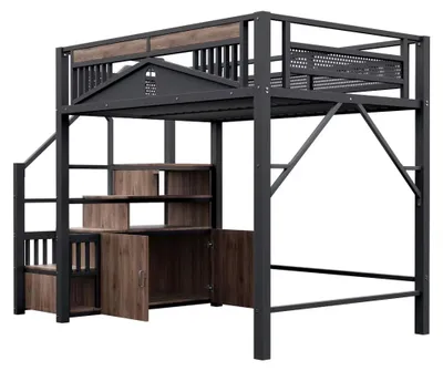 Productafbeelding van Hoogslaper voor kinderen - Metalen bed - 140 x 200 cm - Veiligheidsomranding met raamdesign - Veiligheidsladder - Opberglade - Zwart