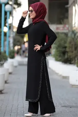 Produktbild von Abendkleid Zweiteilges Outfit Tunika & Hose Lang Hijab Schwarz 38 Tesettür S-964