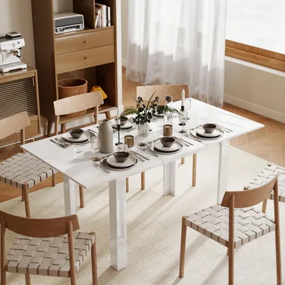 Produktbild von Esstisch ausziehbar 120-160 cm, Küchentisch erweiterbar, MDF Hochglanz, Schmetterlingsklappen | Hochglanzweiß | 4-6 Personen | 160 x 80 x 78 cm