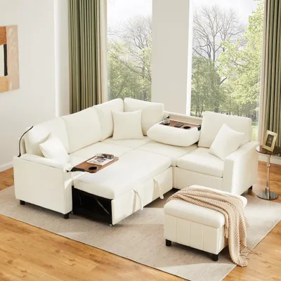 Produktbild von Gerades 4-Sitzer Corduroy Sofa mit Stauraum  unter den Sitzflächen, inklusive eines frei platzierbaren Hockers. Farbe: Beige,205×205×85CM