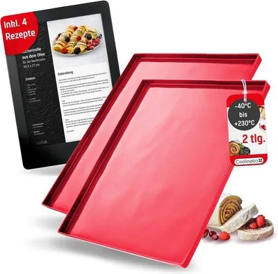 Productafbeelding van Siliconen bakmat met rand, set van 2, rood - Platina siliconen bakmat met rand, 36,5 x 27 x 1 cm - Bakmat met bescherming tegen gaatjes, geschikt voor de oven tot 230 °C en met een antiaanbaklaag, inclusief 4 recepten