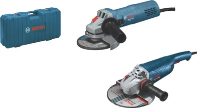 A Bosch tool kit with two angle grinders and a carrying case.