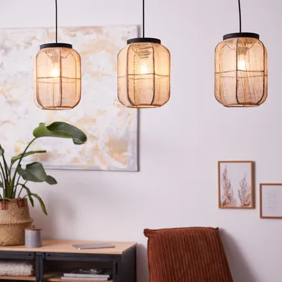Produktbild von BRILLIANT moderne Pendelleuchte TANNAH | Hängeleuchte mit drei Schirmen aus Leinen | 3x E27 Fassung max. 52W | Metall/Textil/Holz