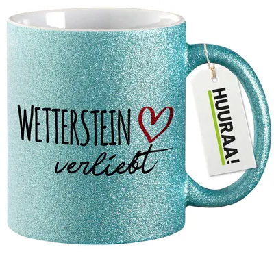 Produktbild von Huuraa Glitzertasse Wetterstein verliebt 330ml Blau Keramik Kaffeebecher Geschenkidee
