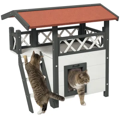Productafbeelding van Kattenhuis, kattenhok, dierenhok, asfalt dak, 2 verdiepingen, 1 ladder, wit+rood