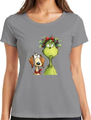 Produktbild von Weihnachtsgrinch Hund Stechpalme Lustig Weihnachten Geschenk Damen T-Shirt, Grau, XL