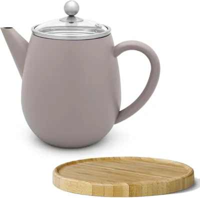 Produktbild von Graue doppelwandige Teekanne 1.1 Liter aus isolierendem Edelstahl mit Glasdeckel, Teefiltereinsatz und braunem Holzuntersetzer