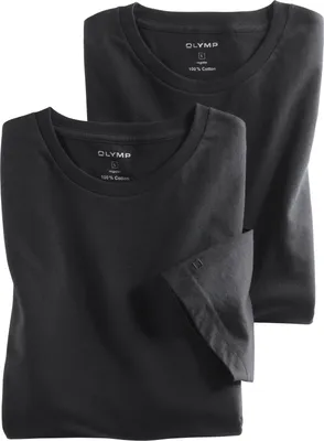 Two black t-shirts are folded and stacked on a white background.
