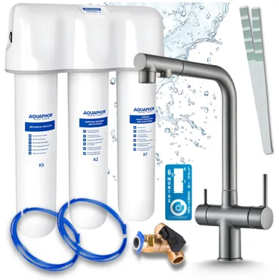 Immagine prodotto di Rubinetto da cucina a tre vie Venom, colore grafite, con doccetta estraibile. Il set include un sistema di filtraggio dell'acqua Aquaphor e un gruppo di accessori da installare sotto il lavello