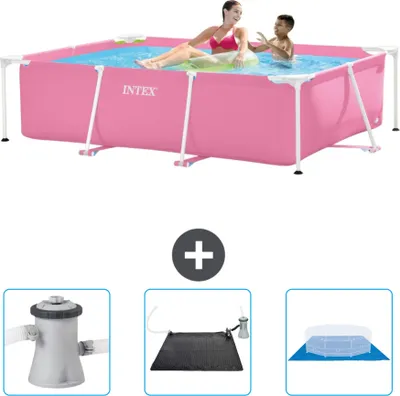 Produktbild von Intex-Schwimmbecken mit rechteckigem Rahmen – 220 x 150 x 60 cm – Rosa – im Lieferumfang enthalten Filterpumpe für Schwimmbad - Solarmatte - Bodenplane