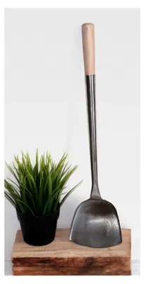 Produktbild von Wok Set, Pfanne 33 cm Ø runder Boden Kohlenstoffstahl für Gasherd und Induktion mit Wok-Spatel aus Edelstahl und Holzgriff
