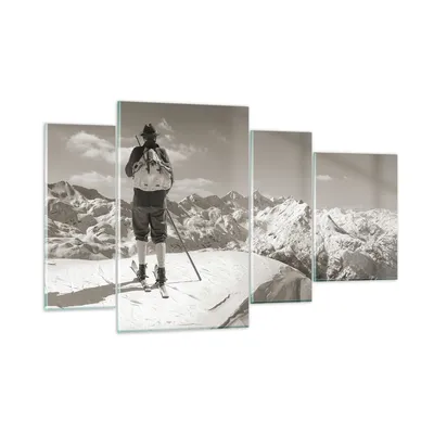 Produktbild von Bilder auf glas - 4 Teile - Skifahrer Bayern Sepia - 120x70cm - Glasbilder - Wandbilder - Bilder - zum Aufhängen bereit - Wanddekoration aus Glas - Glas Bilder - Wandbild auf Glas - GDL120x70-4192