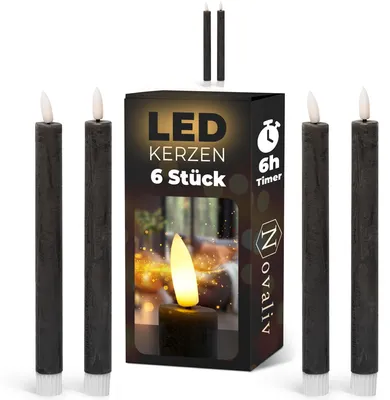 Obrázek produktu pro LED svíčky do svícenů, černé barvy, s časovačem, 6 kusů, pro použití v interiéru, výška 24 cm, průměr 2,2 cm, vyžadují 2 AAA baterie. Sada 4 LED svíček, černé barvy (dvě sady), s pohyblivým plamenem a světlem