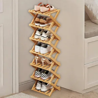 Zdjęcie produktu dla Składana półka na buty z drewna, 7 półek, idealna do małych pomieszczeń, kolor naturalny