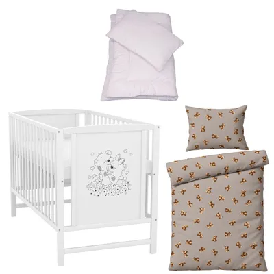 Produktbild von Baby-Delux Babybett Kinderbett Gitterbett Mia weiß 120x60 Matratze Bettset 4-Tlg. kleine Teddys Taupe