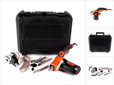 A Black & Decker KA902EK bandschleifmaschine and its accessories are laid out on a white background, with a black carrying case in the background.