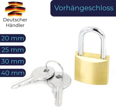 Produktbild von Vorhängeschloss aus Massivmessing mit 2 Schlüssel, Gold, Anzahl:2, Schloss Breite:40 mm
