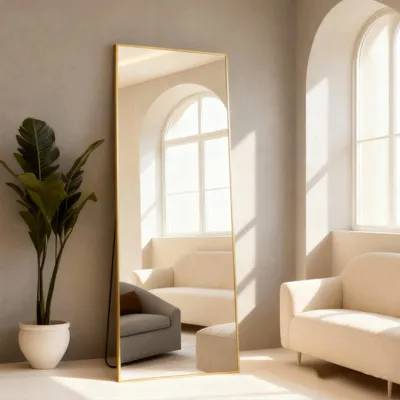 Image de Miroir de plein corps de 165x60 cm avec cadre en aluminium, miroir sur pied pouvant être  debout, adossé ou suspendu, finition dorée