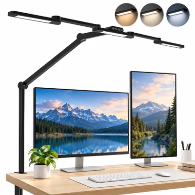 Produktbild von 105cm 24W Große Schreibtischlampe Klemmbar mit 3 LED Lichtleisten und 6 Gelenken Monitor Lampe mit Klemme Transformbare Lichtsensor CRI 90 Schwarz