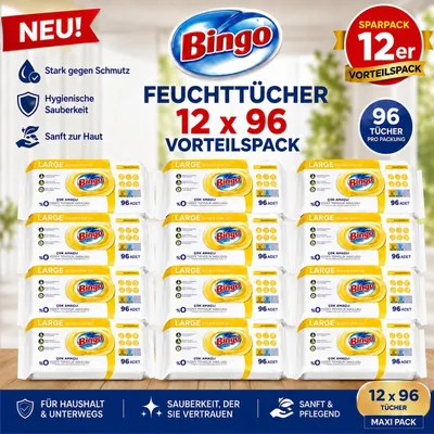 Obrázek produktu pro Bingo vlhčené ubrousky s vůní citronu, 12 x 96 kusů – Lemon – velkoobjemové balení